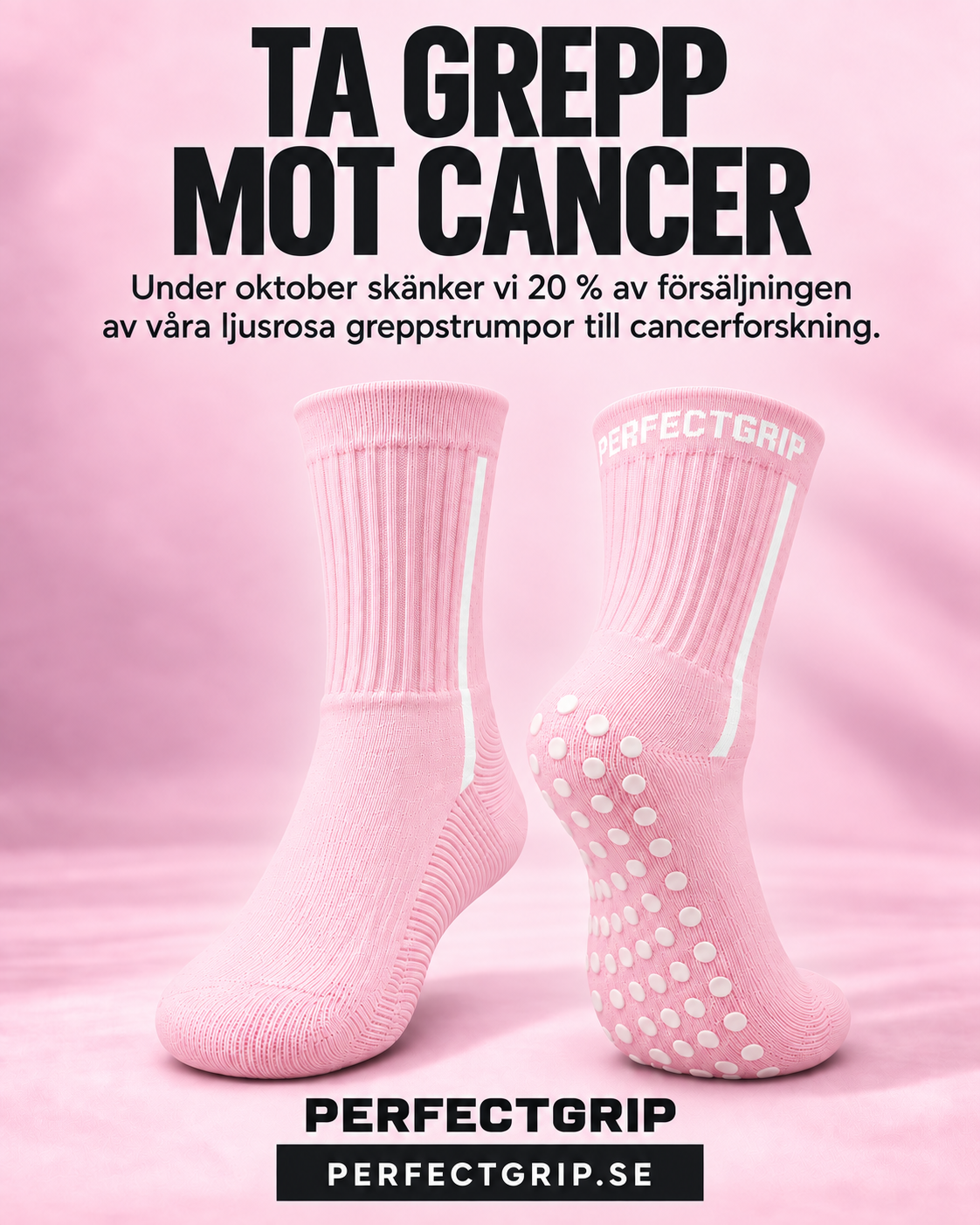 Ta grepp mot cancer – skänk 20 % av försäljningen av ljusrosa greppstrumpor till cancerforskning
